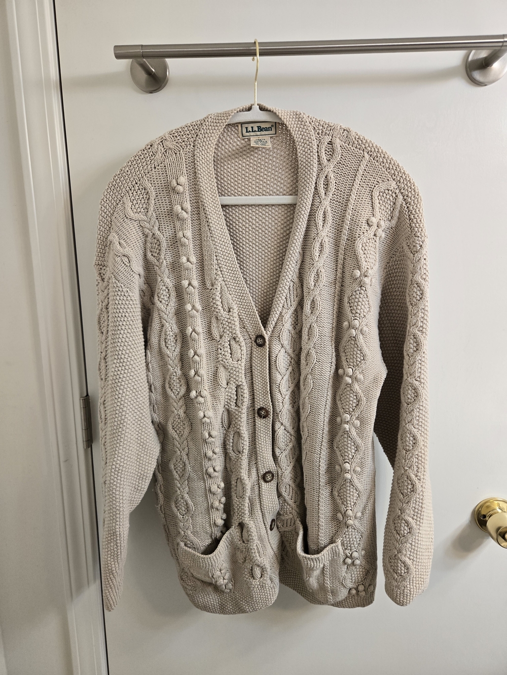 Vtg L.L. Bean Women's Cream Cable Knit Button Cardigan Sweater Cotton Wool XL